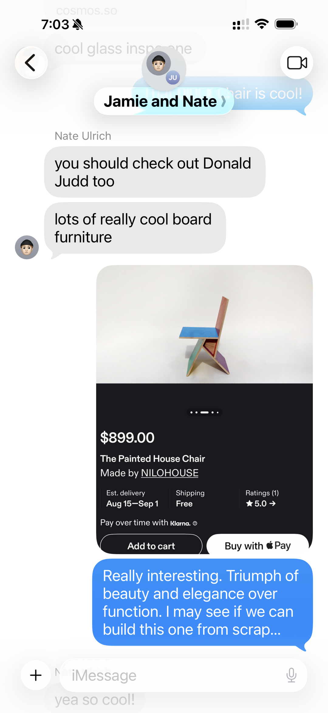 A phone screenshot of a text thread about Judd and board furniture