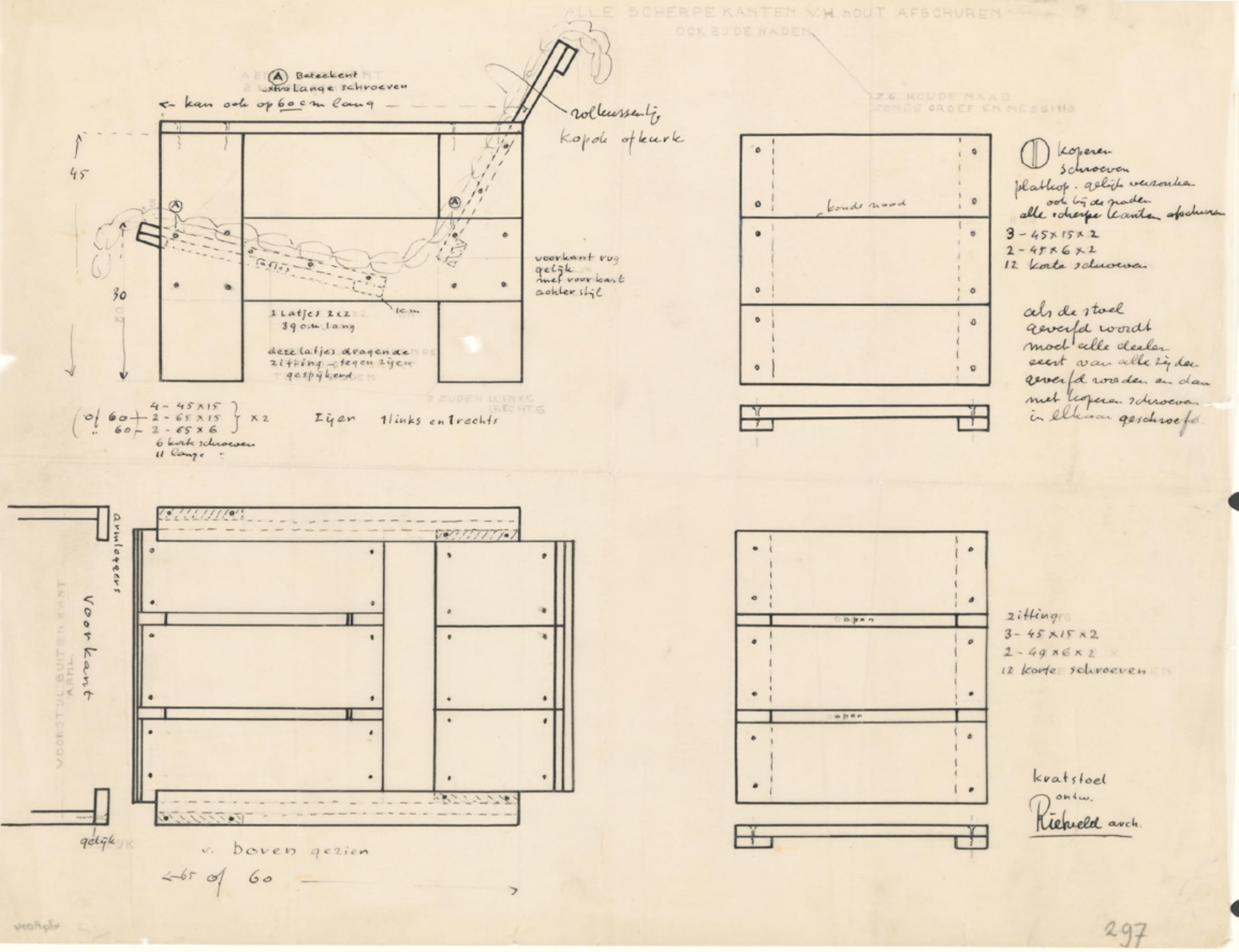 Rietveld's 1934 sheet for the crate lounge chair: the design published as a buildable drawing rather than sold as an object. Centraal Museum Utrecht; Stichting Auteursrechten G. Th. Rietveld.