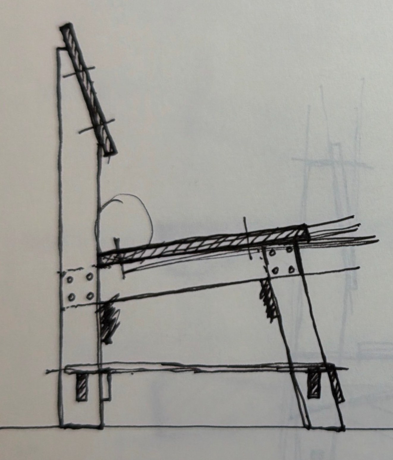 A hand-drawn ink side elevation of the first scrap chair: a vertical back post, a raked back and seat plane, a raked front leg, a lower rail, and fastener holes marked at the laps.