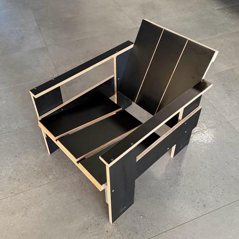 The ten dollar replica complete: Rietveld's 1934 crate chair in salvage form ply, ten dollars of material. (Note 60mm wide arms. Original had 100mm arms, but split in use.)