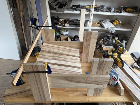 Hardwood glue up, clamps doing the counting.