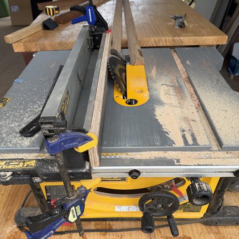 Ripping cleat stock on the table saw: the first of the two angled rips, 40 degrees. May need a sacrificial board at fence to protect fence from blade.
