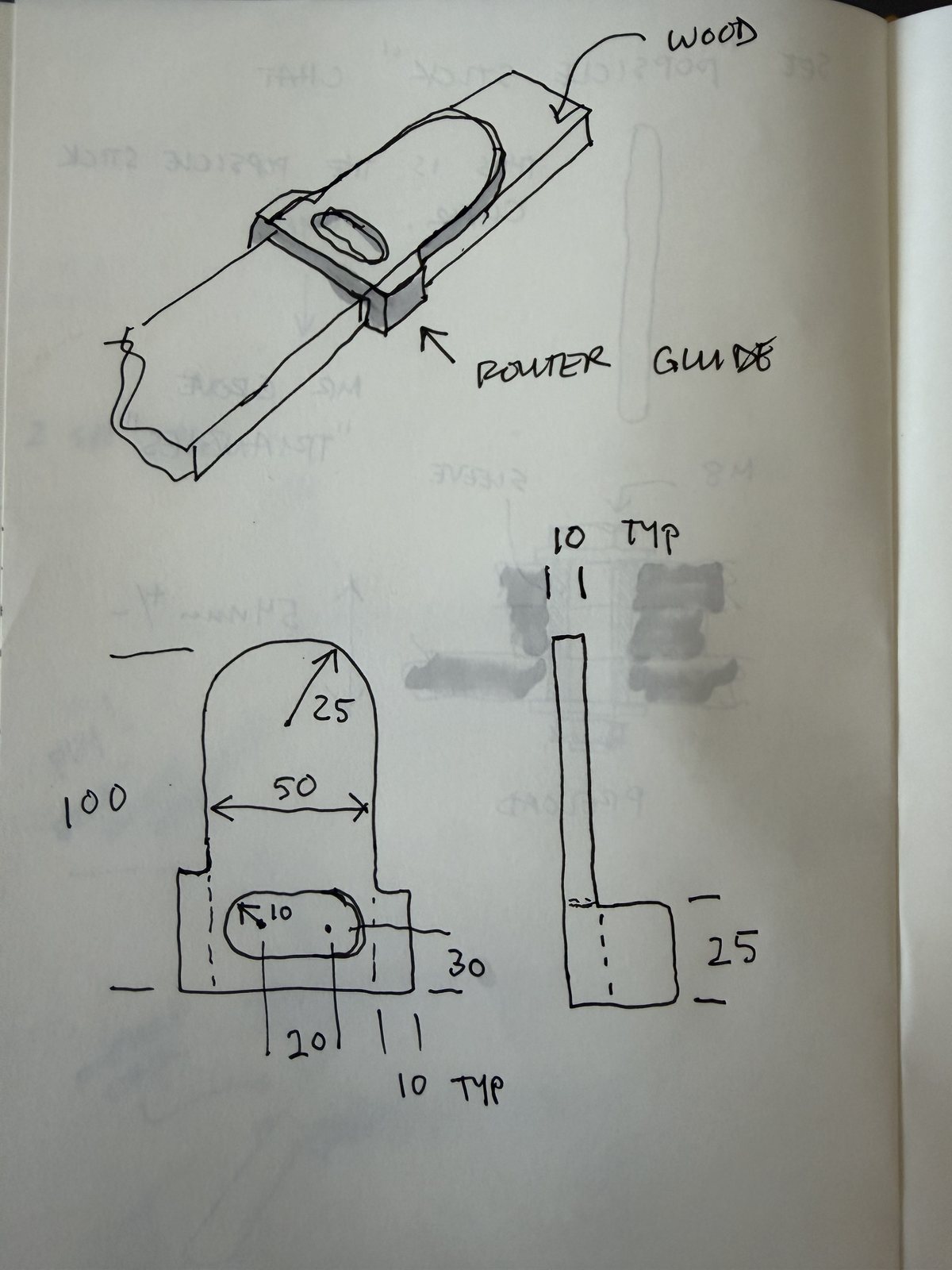 Notebook sketch of the router guide for rounding the stick ends, with the fifty millimeter stick and the twenty-five millimeter radius dimensioned in ink.