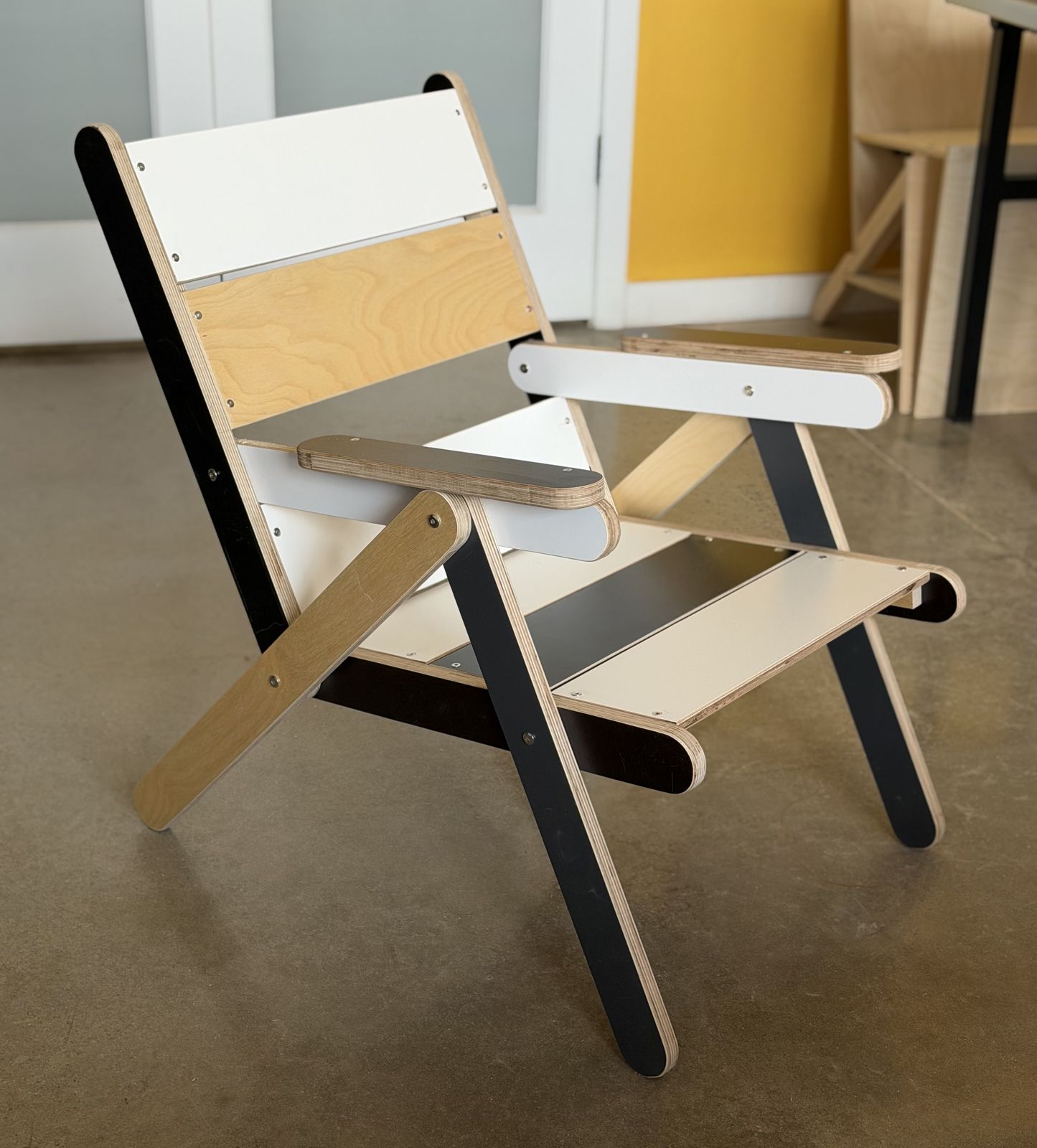 The Keel Truss chair, third build, from the front quarter
