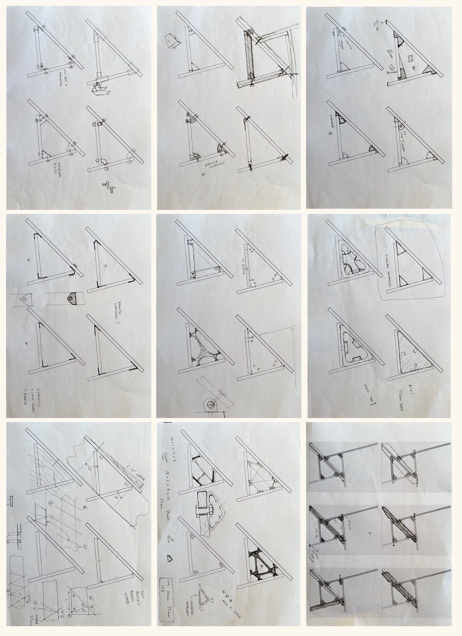 Nine hand-drawn sketch sheets in a three by three grid, each showing the same corner triangle of the chair with a different way to hold the corner: bolted blocks, bronze castings, wedges, webbed gussets, similar-triangle inserts, and a rounded universal bracket dated 15 August 2026.