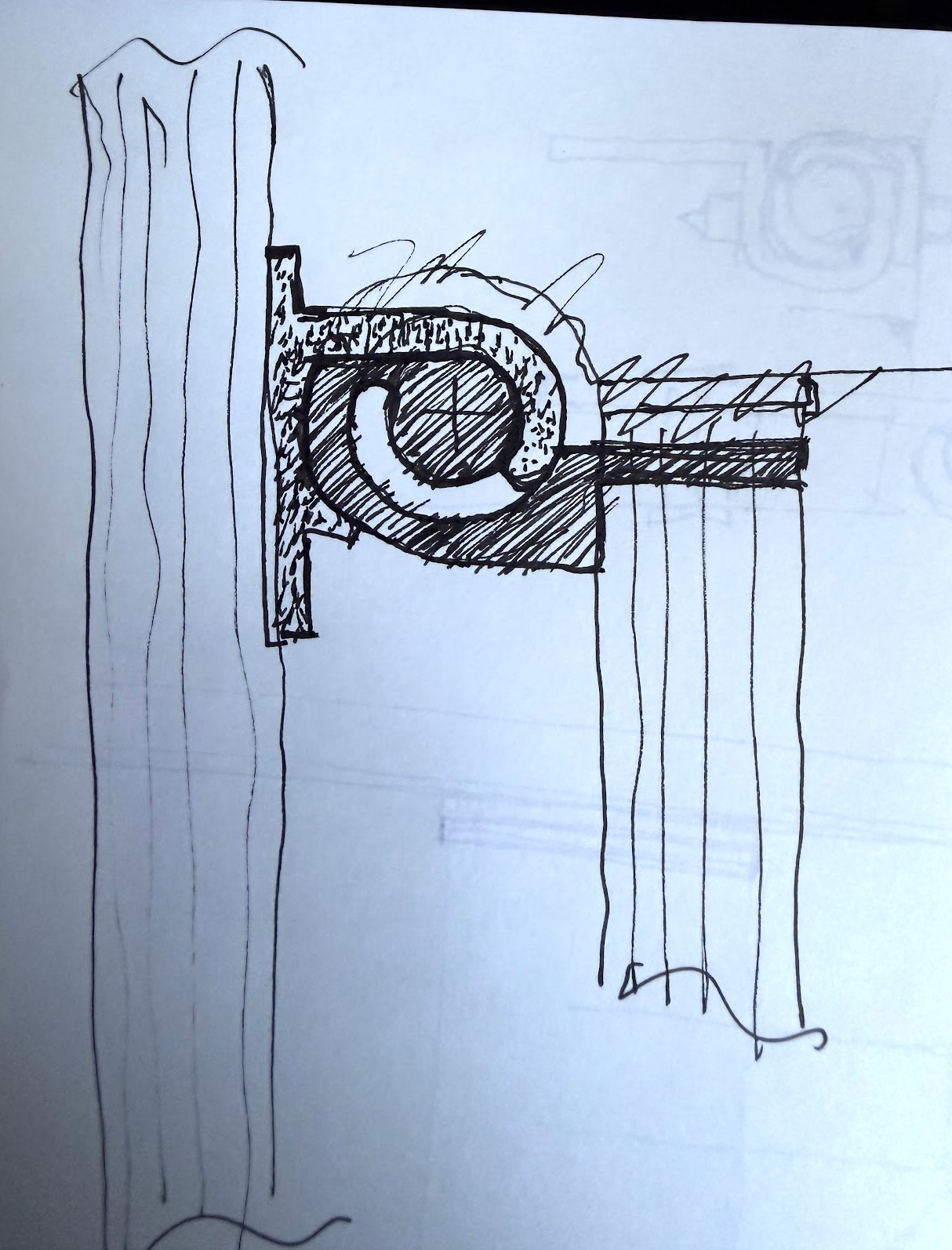 An ink section through a panel hinge, one leaf swinging on a hatched barrel with a pin