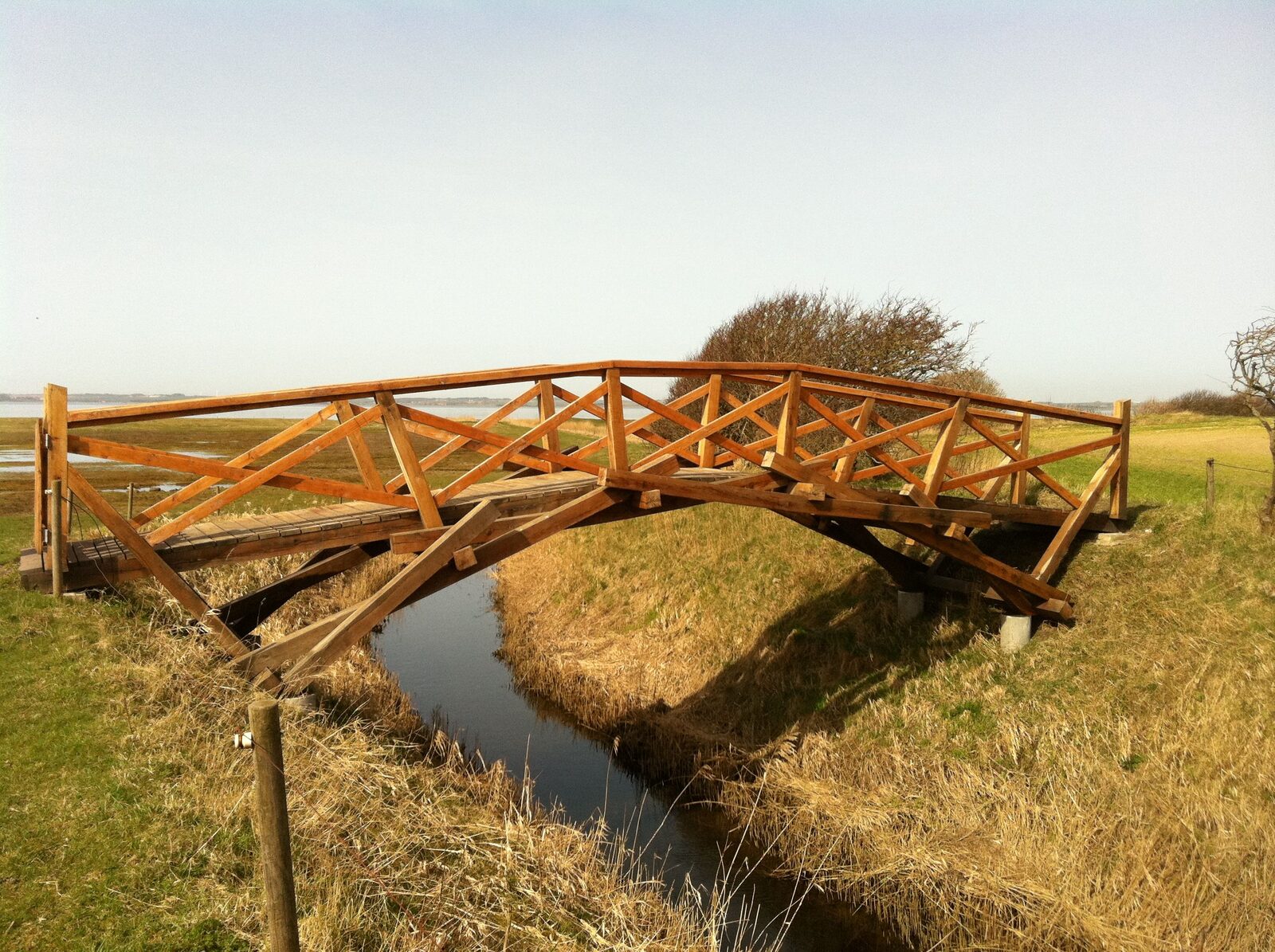 Leonardo's self-supporting bridge, built at Karby: the interlocking beams hold each other up, geometry as the entire structure, five hundred years after the drawing. Photo: Wikimedia Commons, Creative Commons license.