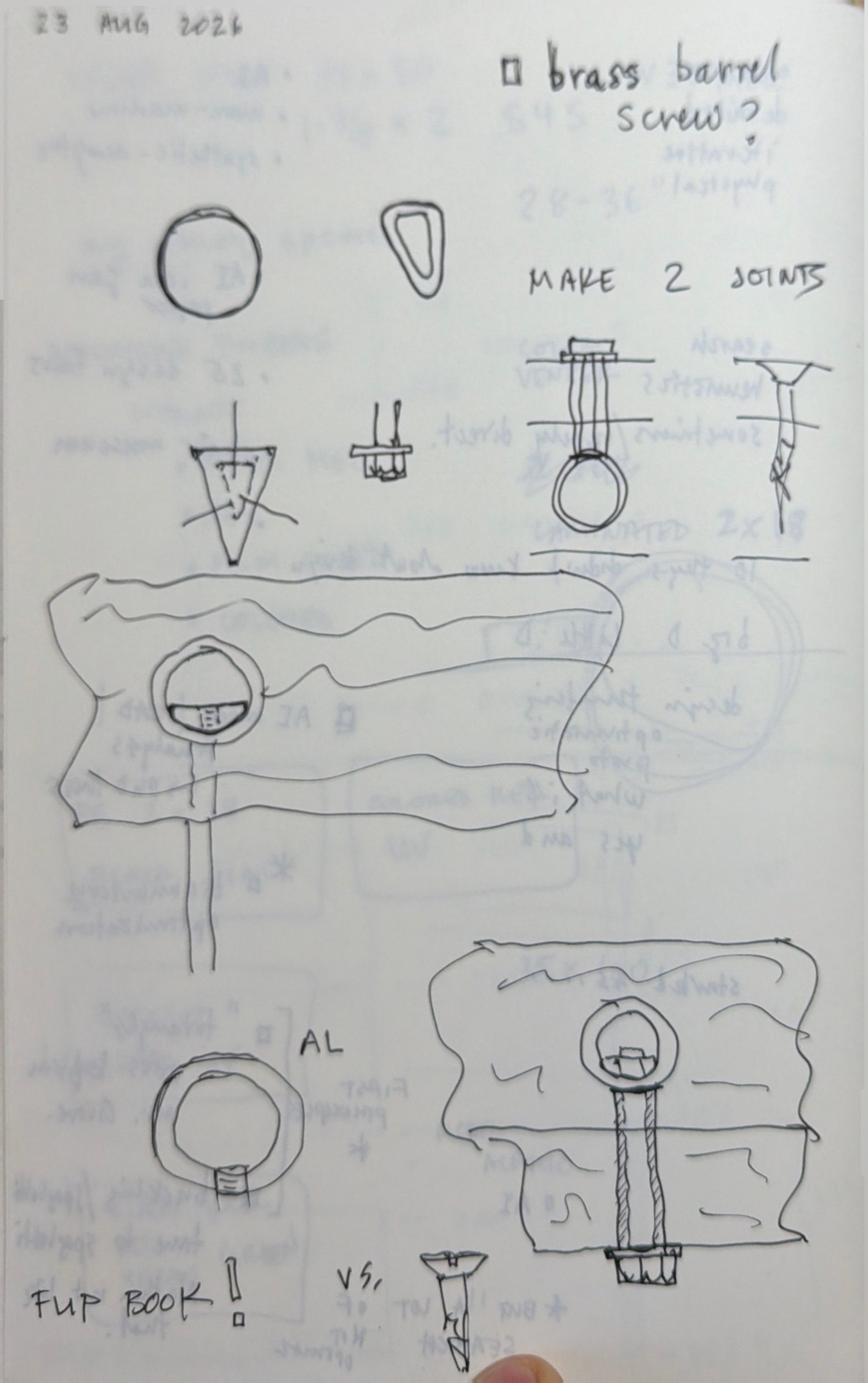 The one reversal in the notebook: FLIP BOOK! with its checkbox, at the bottom of a barrel-screw hardware page dated 23 August. The idea is the machine's. The handwriting, and the thumb on the corner of this page, are mine.