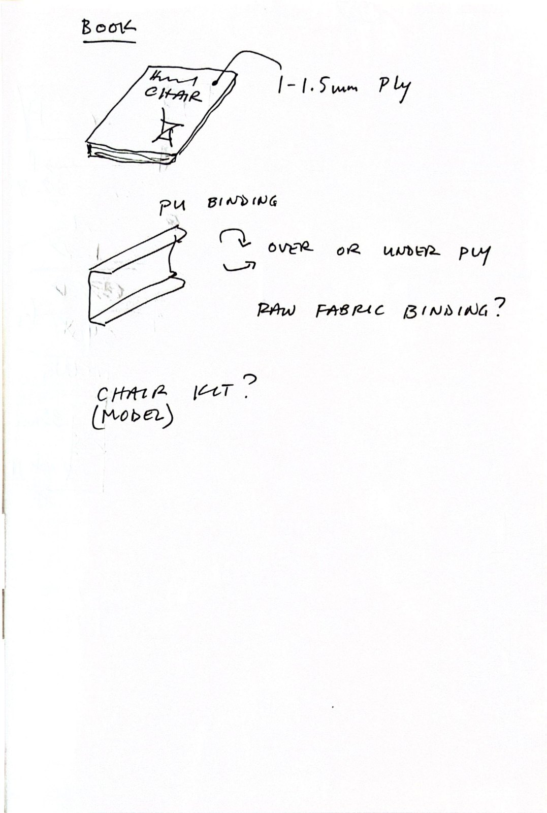 Notebook page headed "Book": a sketch of a small book with a plywood cover marked "1 to 1.5 mm ply," a binding detail marked "PU binding, over or under ply," the note "raw fabric binding?" and the question "chair kit? (model)."