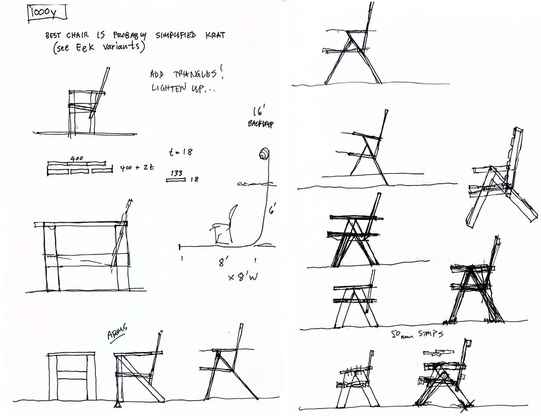 Two facing notebook pages under the heading 1000y: "Best chair is probably simplified Krat (see Eek variants). Add triangles! Lighten up..." with the Krat's front elevation redrawn with diagonals, the word ARMS underlined, and on the facing page a column of A-frame and X-frame chair profiles with arms, noted "50 mm strips."