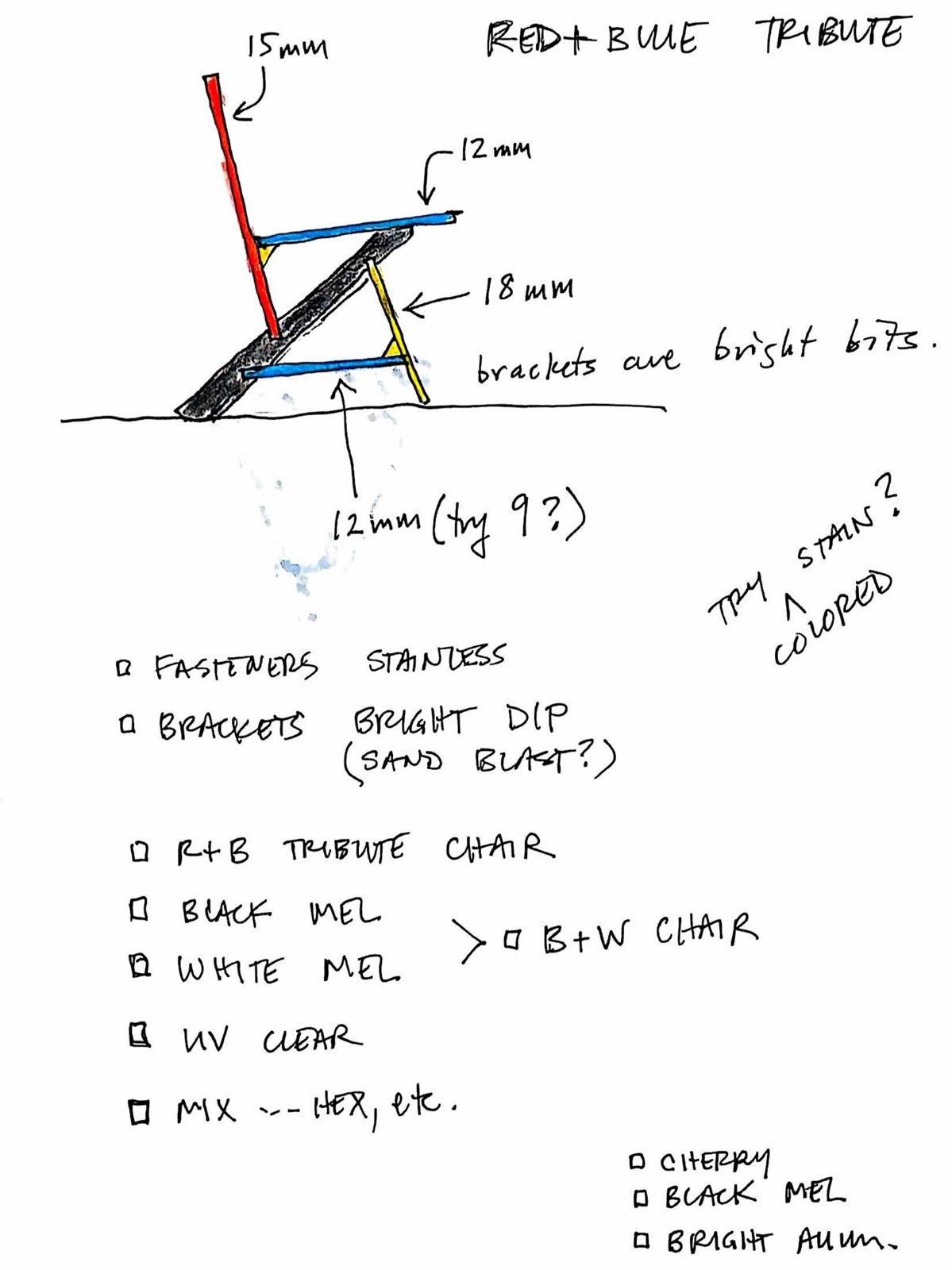 Notebook page headed "Red + Blue tribute": the two-triangle chair drawn in side view with the back colored red, the seat and tie blue, the keel black and the brackets yellow, dimensioned 15, 12 and 18 mm, with the note "brackets are bright bits" and a list of finish options below.