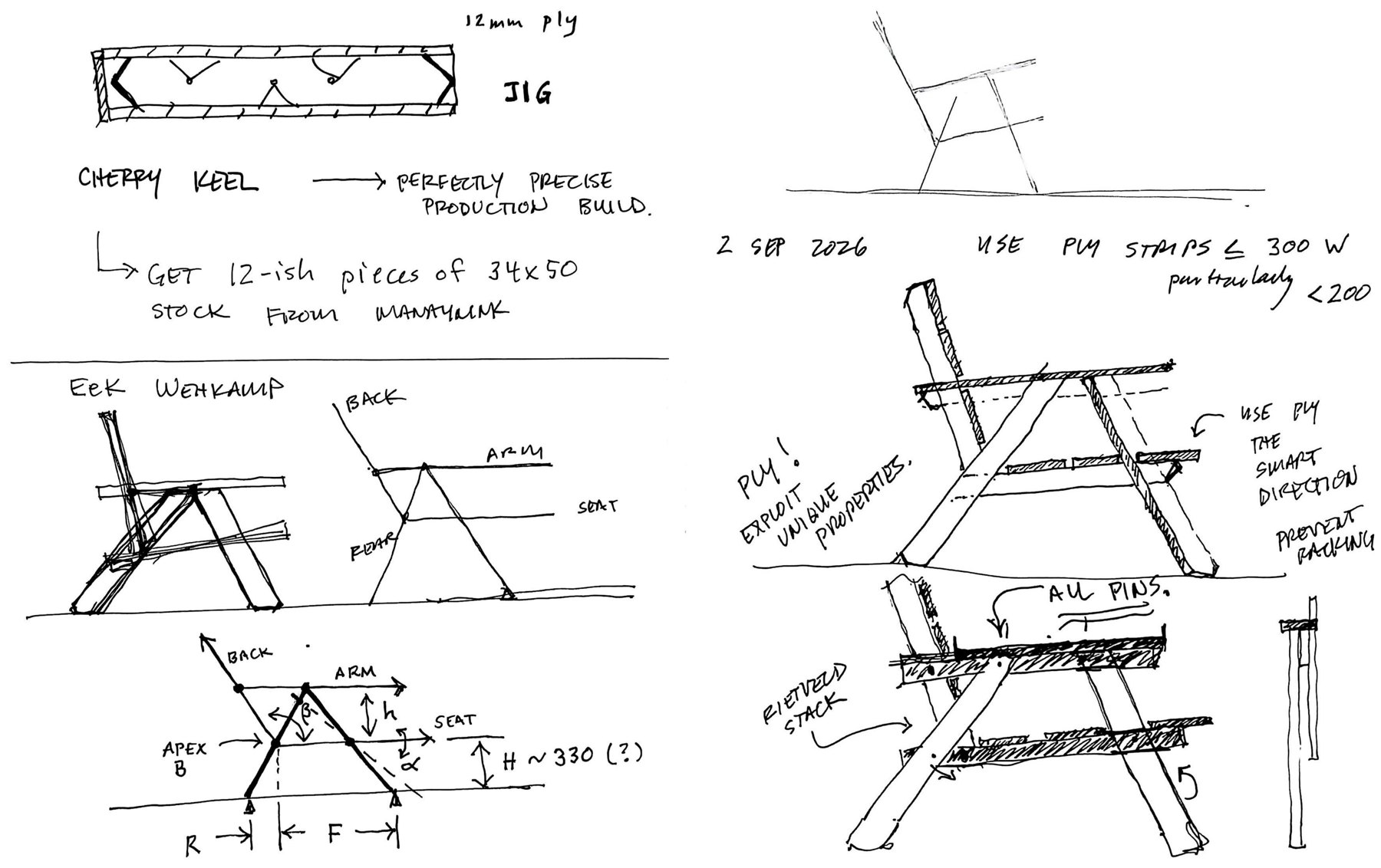 Two facing notebook pages: on the left Piet Hein Eek's Wehkamp chair drawn and then abstracted to two triangles with the apex marked B, the arm, the seat and the back labeled; on the right, dated 2 September 2026, the popsicle chair drawn in ply strips, with the notes "ply! exploit unique properties," "use ply strips ≤ 300 W," "all pins," and "Rietveld stack."
