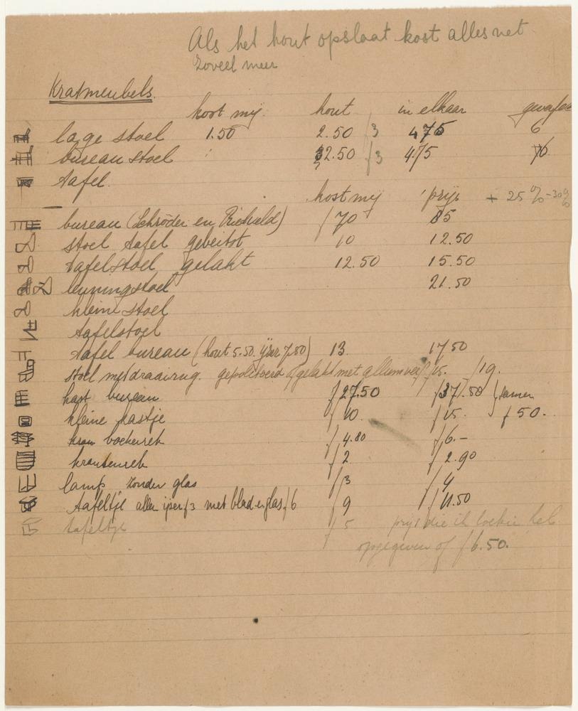 Rietveld's handwritten Kratmeubels price list: item by item, the crate furniture costed in guilders in his own hand, with small thumbnail sketches of each piece down the margin.
